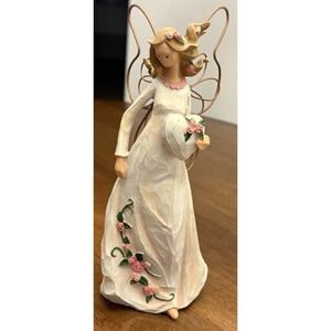 Vintage GANZ Angel Figure With Wire Wings, Roses Holding A Heart 8"